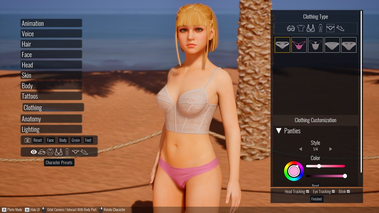 Character creator UI with body, face, clothing, and tattoo categories