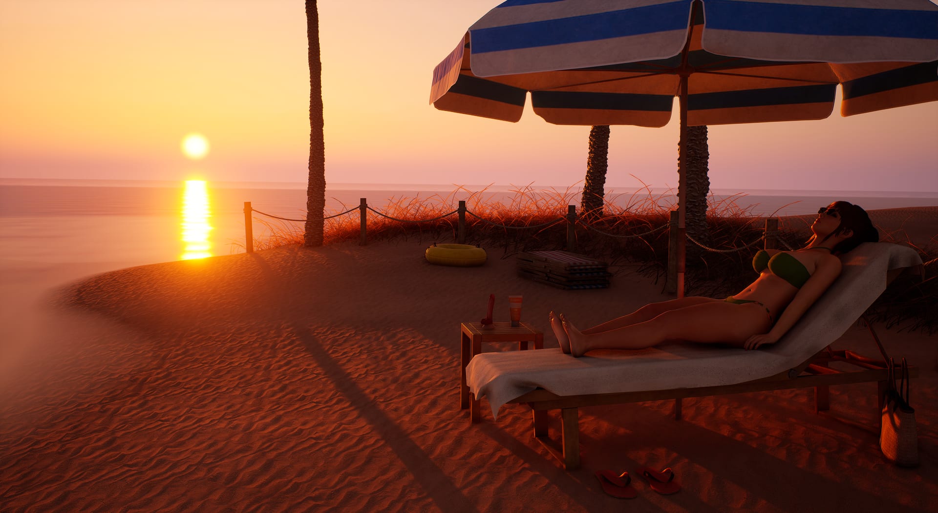 The lead character resting under a beach umbrella as the sun sets over the water