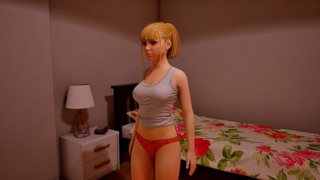 The lead character standing in her apartment bedroom